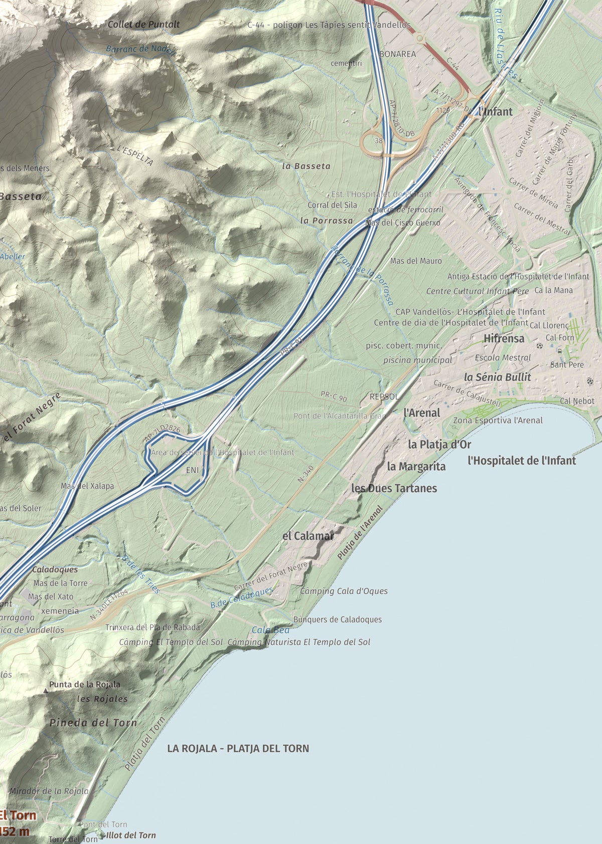 Mapa topogràfic del relleu: El Torn, 152 m. Detall de la zona superior dreta. 50 × 70 cm.