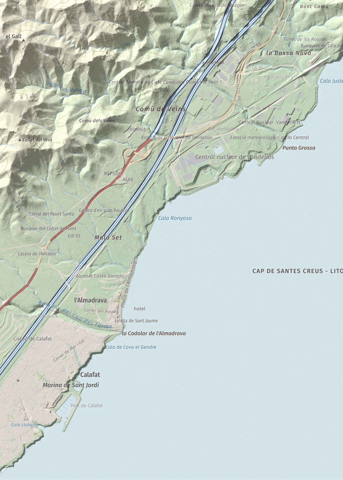 Mapa topogràfic del relleu: El Torn, 152 m. Detall de la zona inferior esquerra. 50 × 70 cm.
