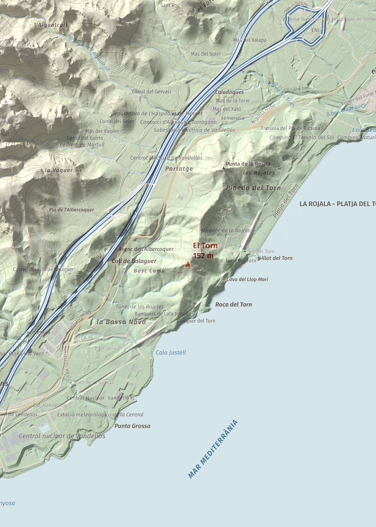 Mapa topogràfic del relleu: El Torn, 152 m. Detall de la zona central. 50 × 70 cm.
