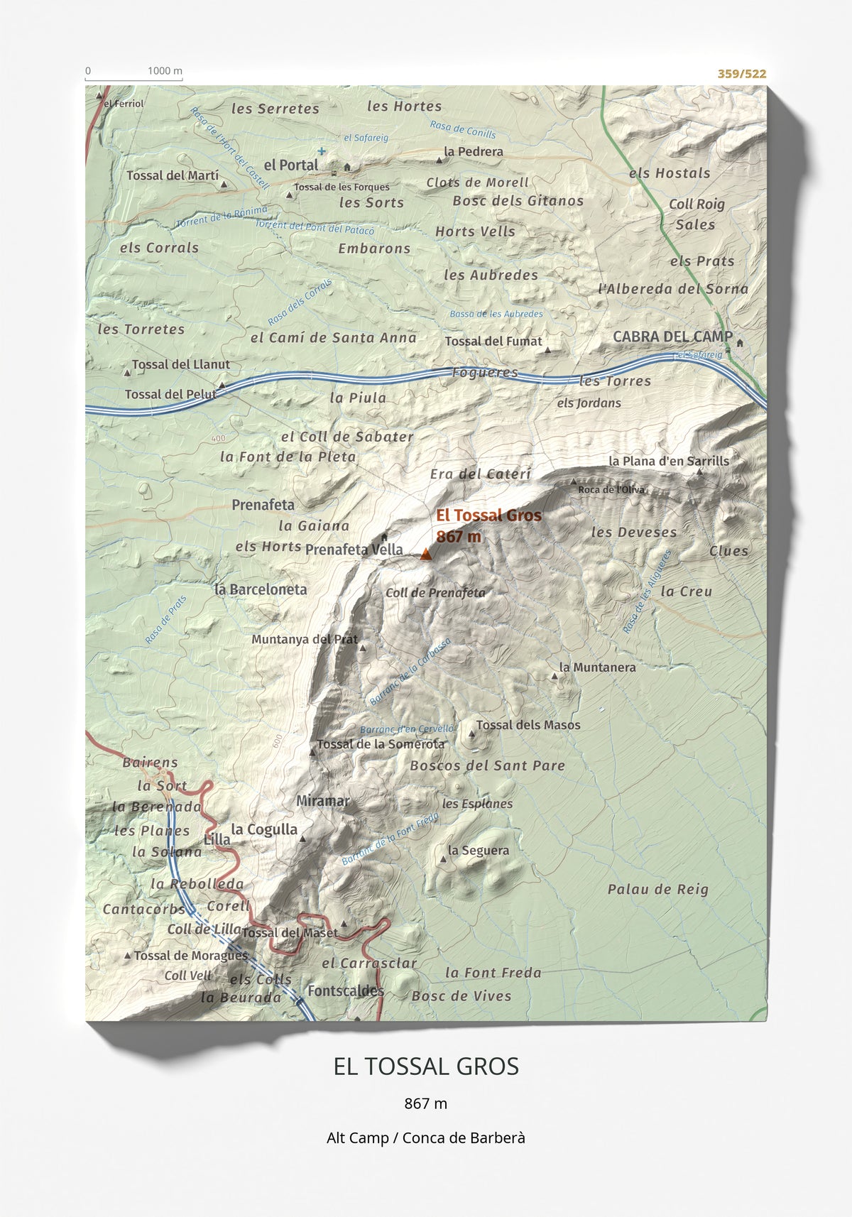 Mapa de relieve del Tossal Gros, 867 m, Alt Camp · Conca de Barberà, lámina 100 Cims de Trobart 21 × 30 cm.