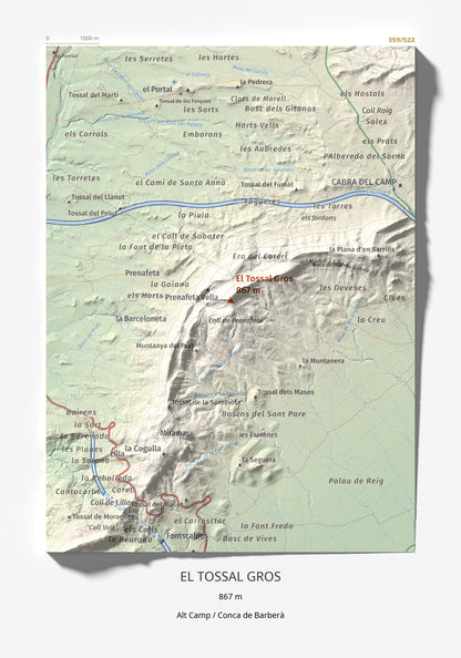Mapa de relieve del Tossal Gros, 867 m, Alt Camp · Conca de Barberà, lámina 100 Cims de Trobart 21 × 30 cm.