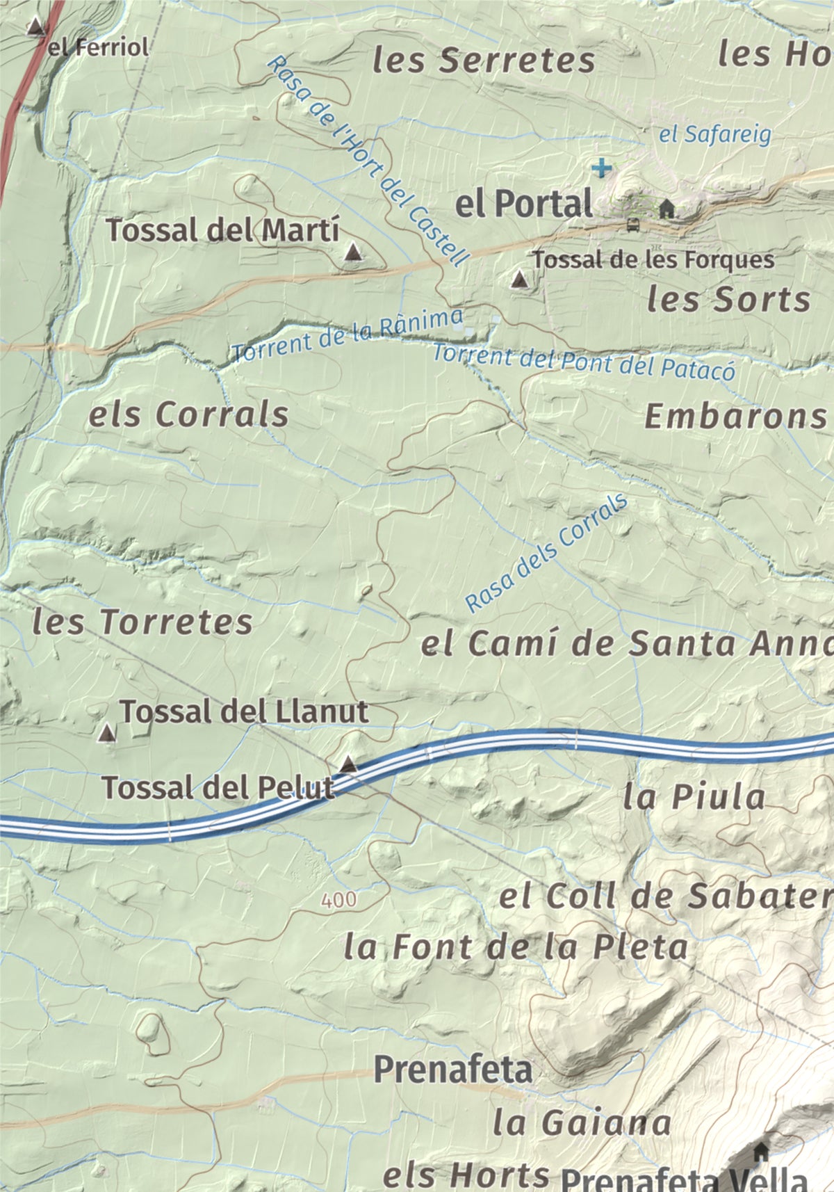 Mapa de relieve del Tossal Gros, 867 m, Alt Camp · Conca de Barberà, lámina 100 Cims de Trobart. Detalle de la zona superior izquierda. 21 × 30 cm.