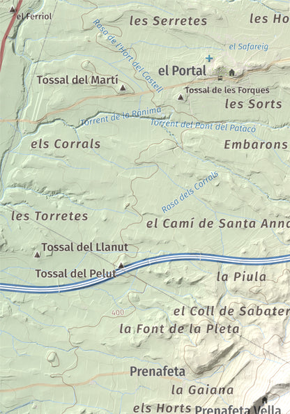 Mapa de relieve del Tossal Gros, 867 m, Alt Camp · Conca de Barberà, lámina 100 Cims de Trobart. Detalle de la zona superior izquierda. 21 × 30 cm.