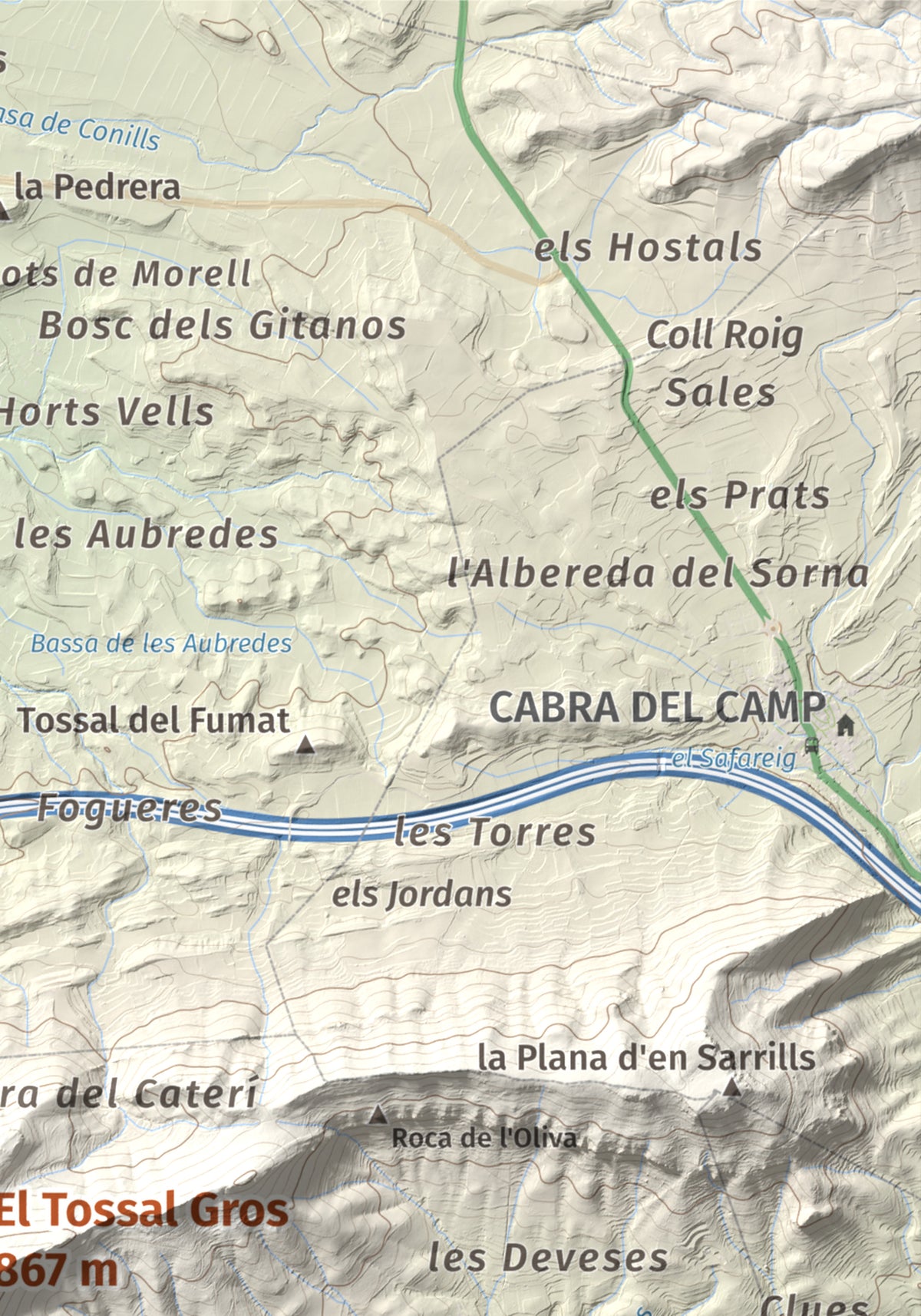 Mapa de relieve del Tossal Gros, 867 m, Alt Camp · Conca de Barberà, lámina 100 Cims de Trobart. Detalle de la zona superior derecha. 21 × 30 cm.