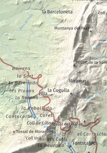Mapa de relieve del Tossal Gros, 867 m, Alt Camp · Conca de Barberà, lámina 100 Cims de Trobart. Detalle de la zona inferior izquierda. 21 × 30 cm.