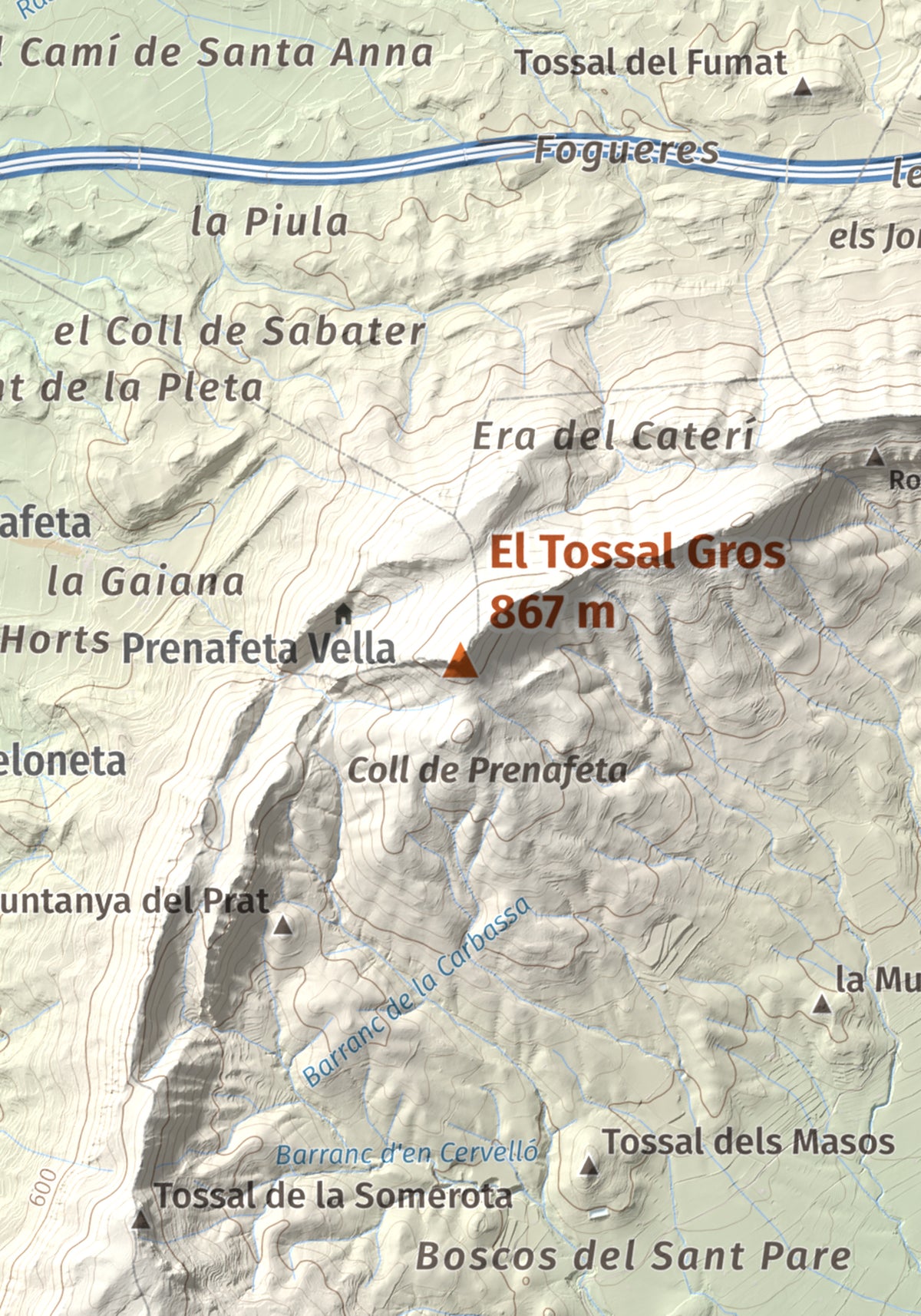 Mapa de relieve del Tossal Gros, 867 m, Alt Camp · Conca de Barberà, lámina 100 Cims de Trobart. Detalle de la zona central. 21 × 30 cm.