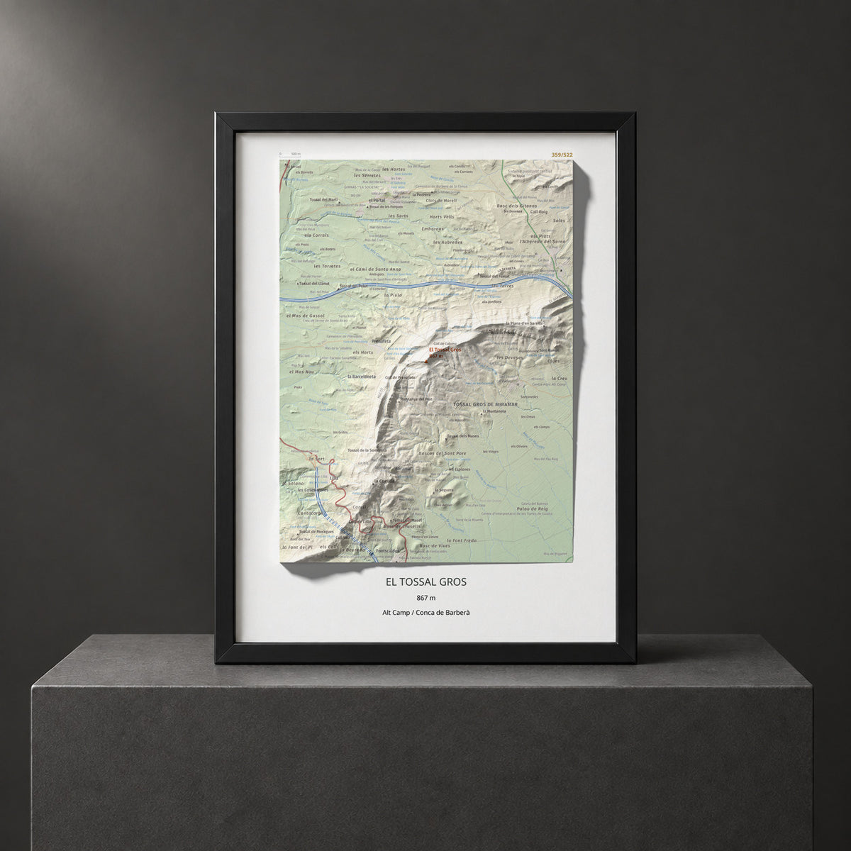 Mapa de relieve del Tossal Gros, 867 m, Alt Camp · Conca de Barberà, lámina 100 Cims de Trobart. Presentación enmarcada. 30 × 40 cm.