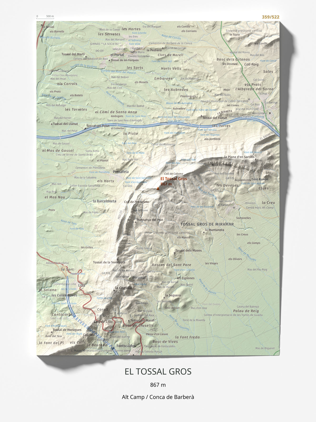 Mapa de relieve del Tossal Gros, 867 m, Alt Camp · Conca de Barberà, lámina 100 Cims de Trobart 30 × 40 cm.