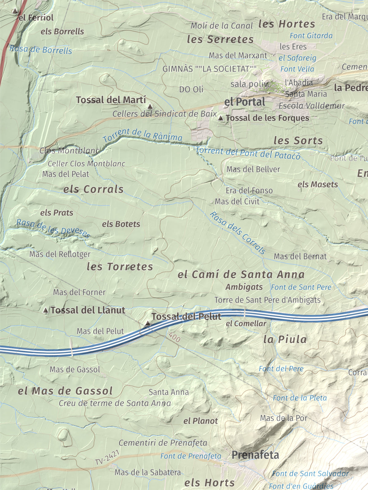 Mapa de relieve del Tossal Gros, 867 m, Alt Camp · Conca de Barberà, lámina 100 Cims de Trobart. Detalle de la zona superior izquierda. 30 × 40 cm.