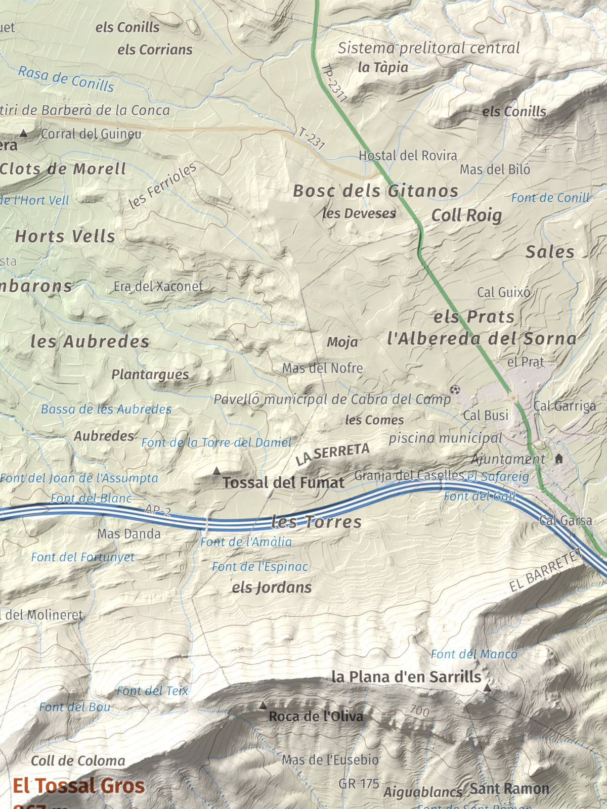 Mapa de relieve del Tossal Gros, 867 m, Alt Camp · Conca de Barberà, lámina 100 Cims de Trobart. Detalle de la zona superior derecha. 30 × 40 cm.
