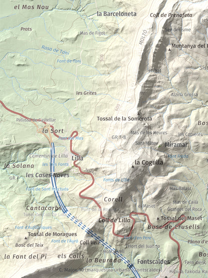 Mapa de relieve del Tossal Gros, 867 m, Alt Camp · Conca de Barberà, lámina 100 Cims de Trobart. Detalle de la zona inferior izquierda. 30 × 40 cm.