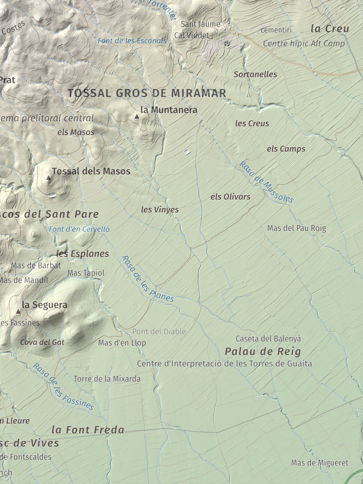Mapa de relieve del Tossal Gros, 867 m, Alt Camp · Conca de Barberà, lámina 100 Cims de Trobart. Detalle de la zona inferior derecha. 30 × 40 cm.