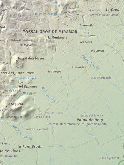 Mapa de relieve del Tossal Gros, 867 m, Alt Camp · Conca de Barberà, lámina 100 Cims de Trobart. Detalle de la zona inferior derecha. 30 × 40 cm.