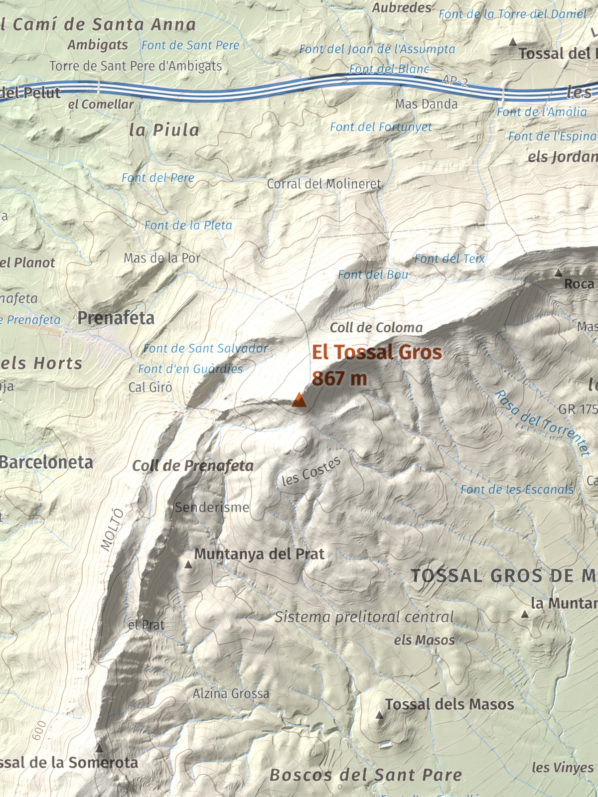 Mapa de relieve del Tossal Gros, 867 m, Alt Camp · Conca de Barberà, lámina 100 Cims de Trobart. Detalle de la zona central. 30 × 40 cm.