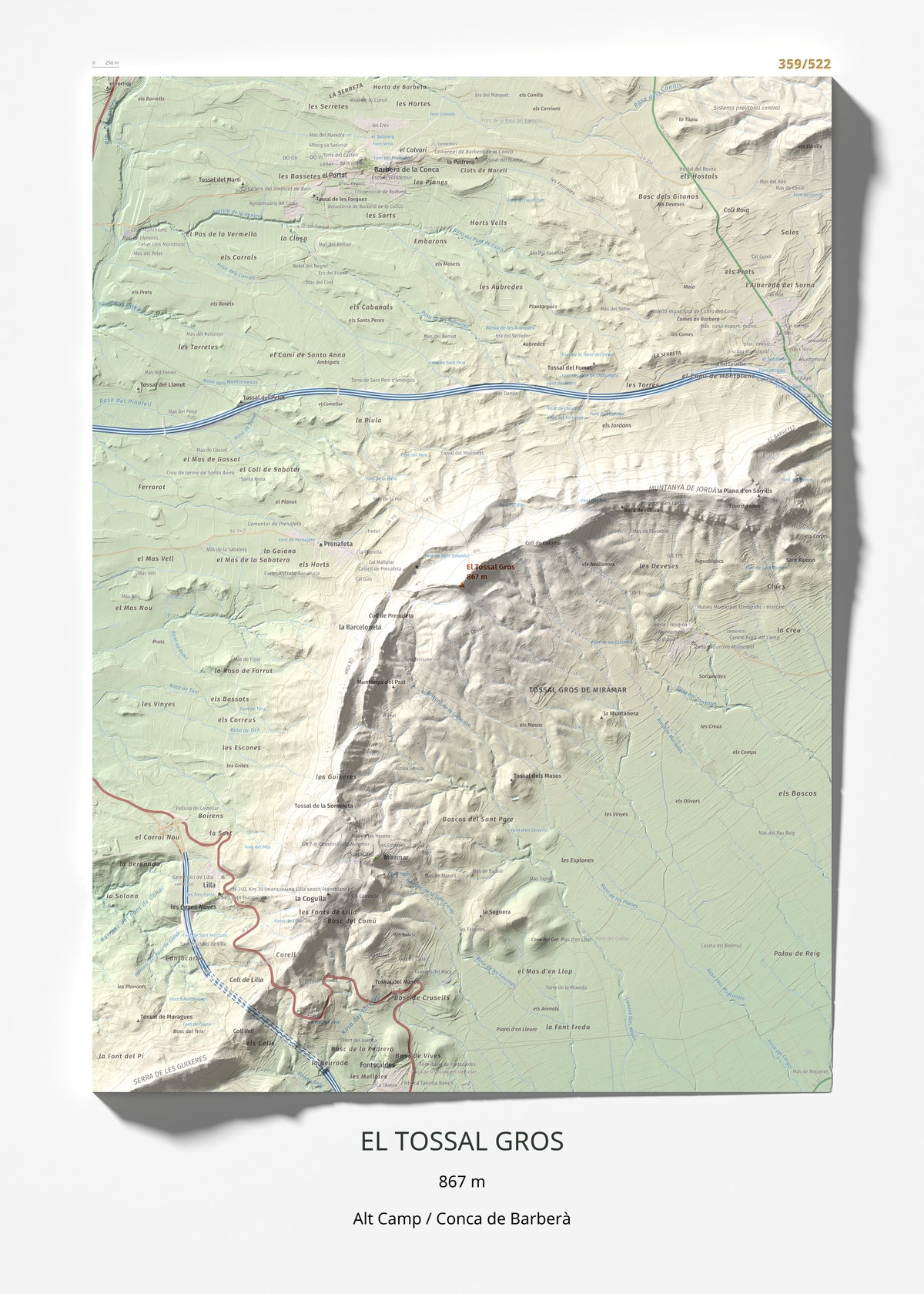 Mapa de relieve del Tossal Gros, 867 m, Alt Camp · Conca de Barberà, lámina 100 Cims de Trobart 50 × 70 cm.