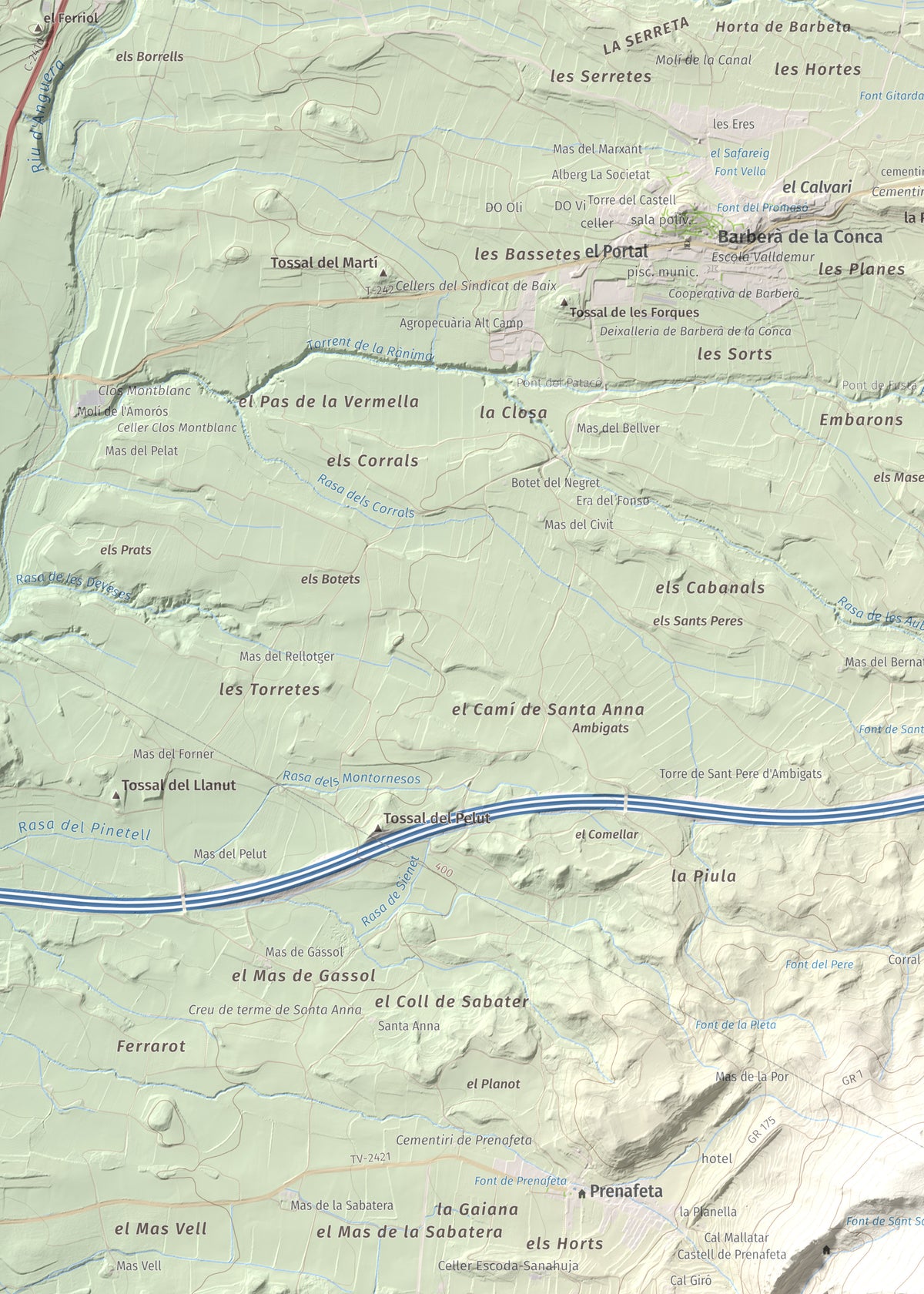 Mapa de relieve del Tossal Gros, 867 m, Alt Camp · Conca de Barberà, lámina 100 Cims de Trobart. Detalle de la zona superior izquierda. 50 × 70 cm.