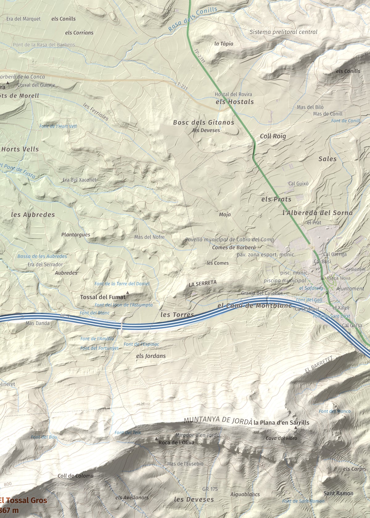 Mapa de relieve del Tossal Gros, 867 m, Alt Camp · Conca de Barberà, lámina 100 Cims de Trobart. Detalle de la zona superior derecha. 50 × 70 cm.