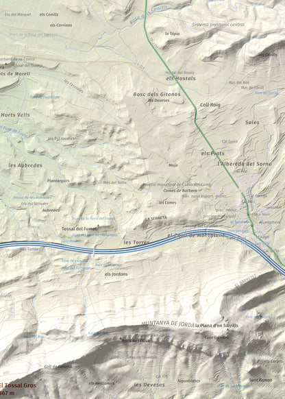 Mapa de relieve del Tossal Gros, 867 m, Alt Camp · Conca de Barberà, lámina 100 Cims de Trobart. Detalle de la zona superior derecha. 50 × 70 cm.