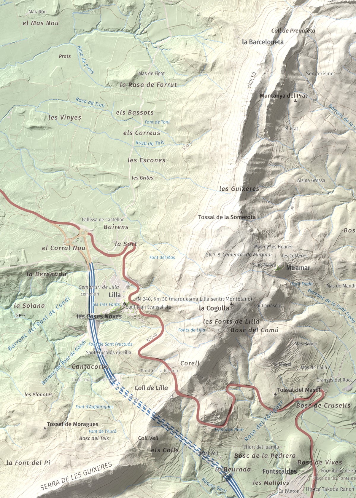 Mapa de relieve del Tossal Gros, 867 m, Alt Camp · Conca de Barberà, lámina 100 Cims de Trobart. Detalle de la zona inferior izquierda. 50 × 70 cm.