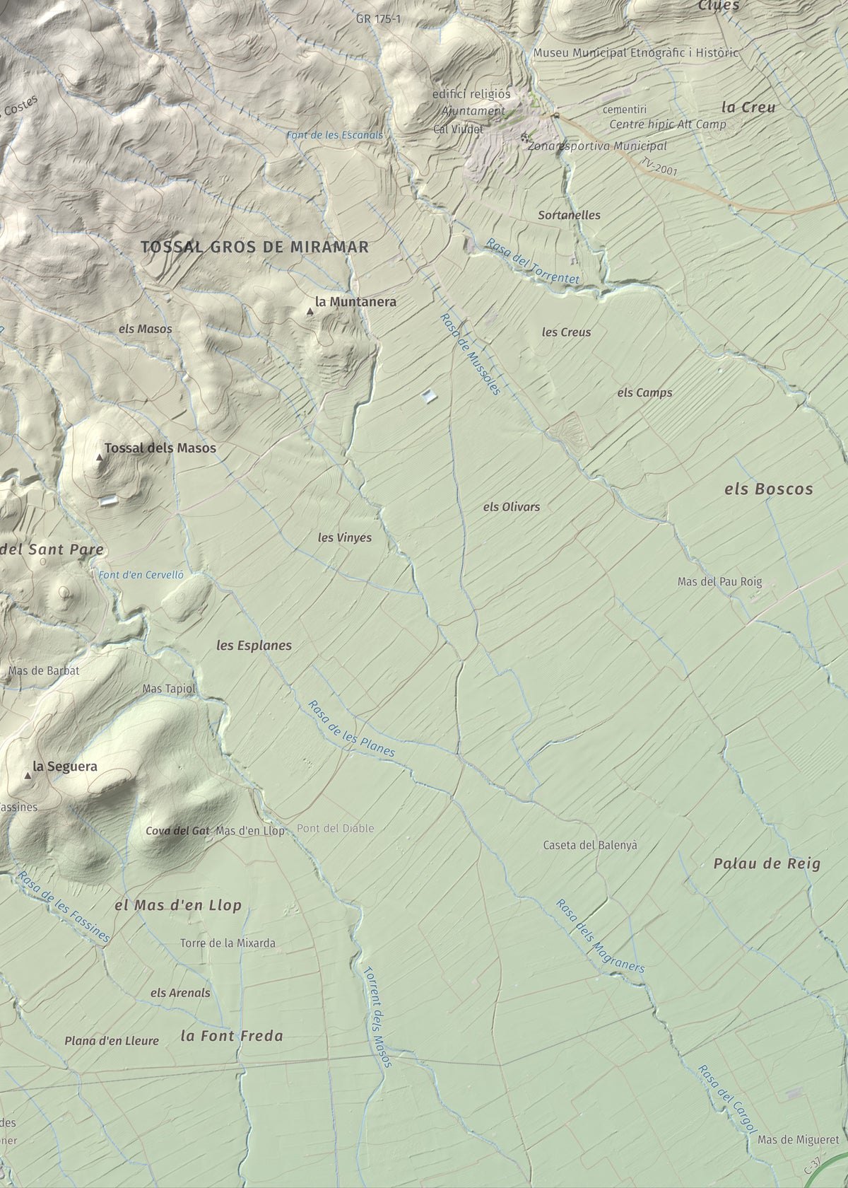 Mapa de relieve del Tossal Gros, 867 m, Alt Camp · Conca de Barberà, lámina 100 Cims de Trobart. Detalle de la zona inferior derecha. 50 × 70 cm.