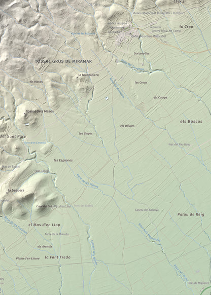 Mapa de relieve del Tossal Gros, 867 m, Alt Camp · Conca de Barberà, lámina 100 Cims de Trobart. Detalle de la zona inferior derecha. 50 × 70 cm.