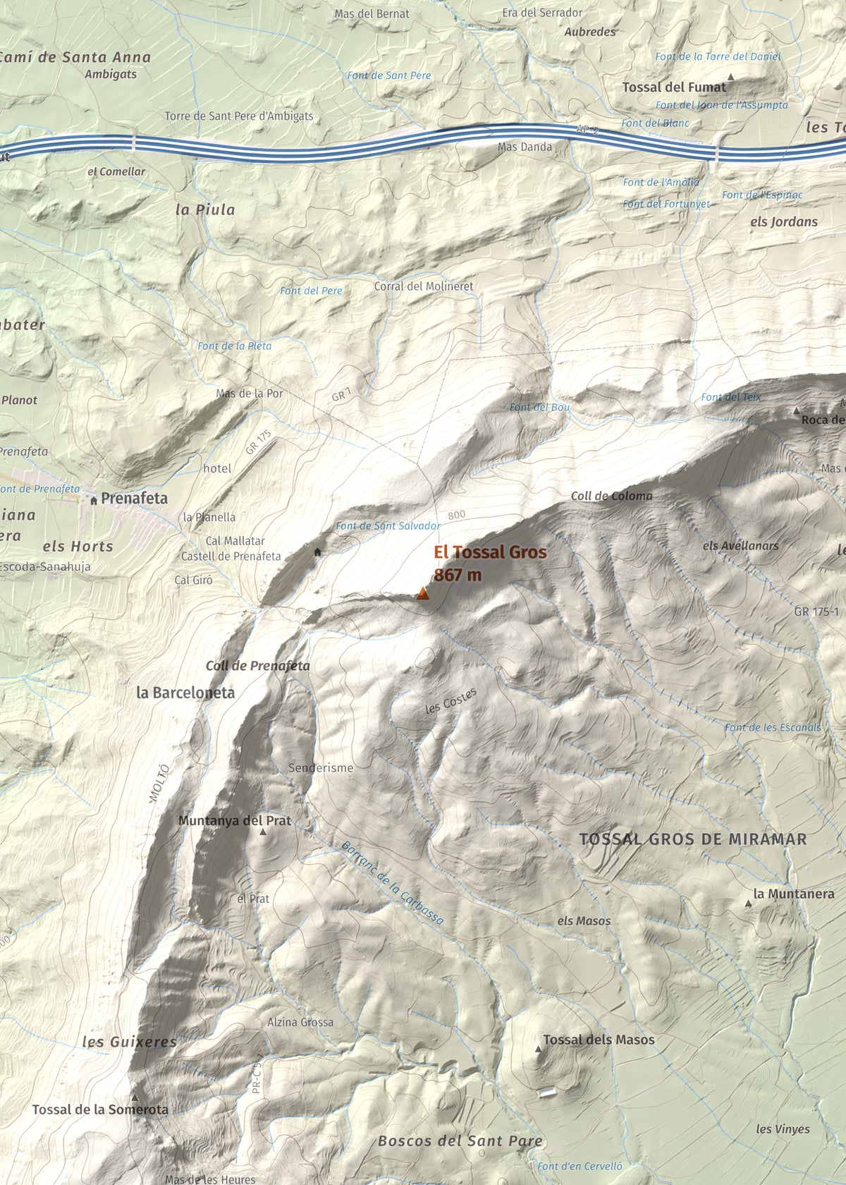 Mapa de relieve del Tossal Gros, 867 m, Alt Camp · Conca de Barberà, lámina 100 Cims de Trobart. Detalle de la zona central. 50 × 70 cm.