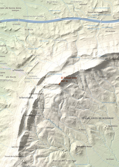 Mapa de relieve del Tossal Gros, 867 m, Alt Camp · Conca de Barberà, lámina 100 Cims de Trobart. Detalle de la zona central. 50 × 70 cm.