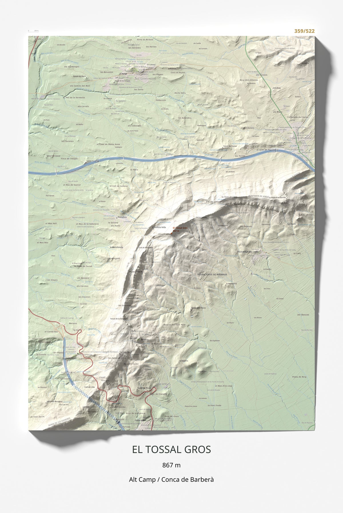 Mapa de relieve del Tossal Gros, 867 m, Alt Camp · Conca de Barberà, lámina 100 Cims de Trobart 61 × 91 cm.