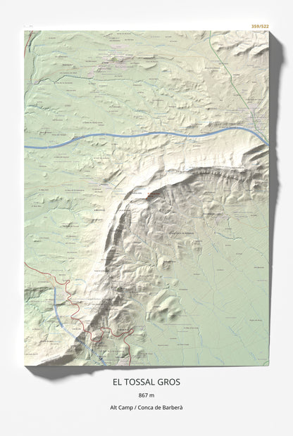 Mapa de relieve del Tossal Gros, 867 m, Alt Camp · Conca de Barberà, lámina 100 Cims de Trobart 61 × 91 cm.