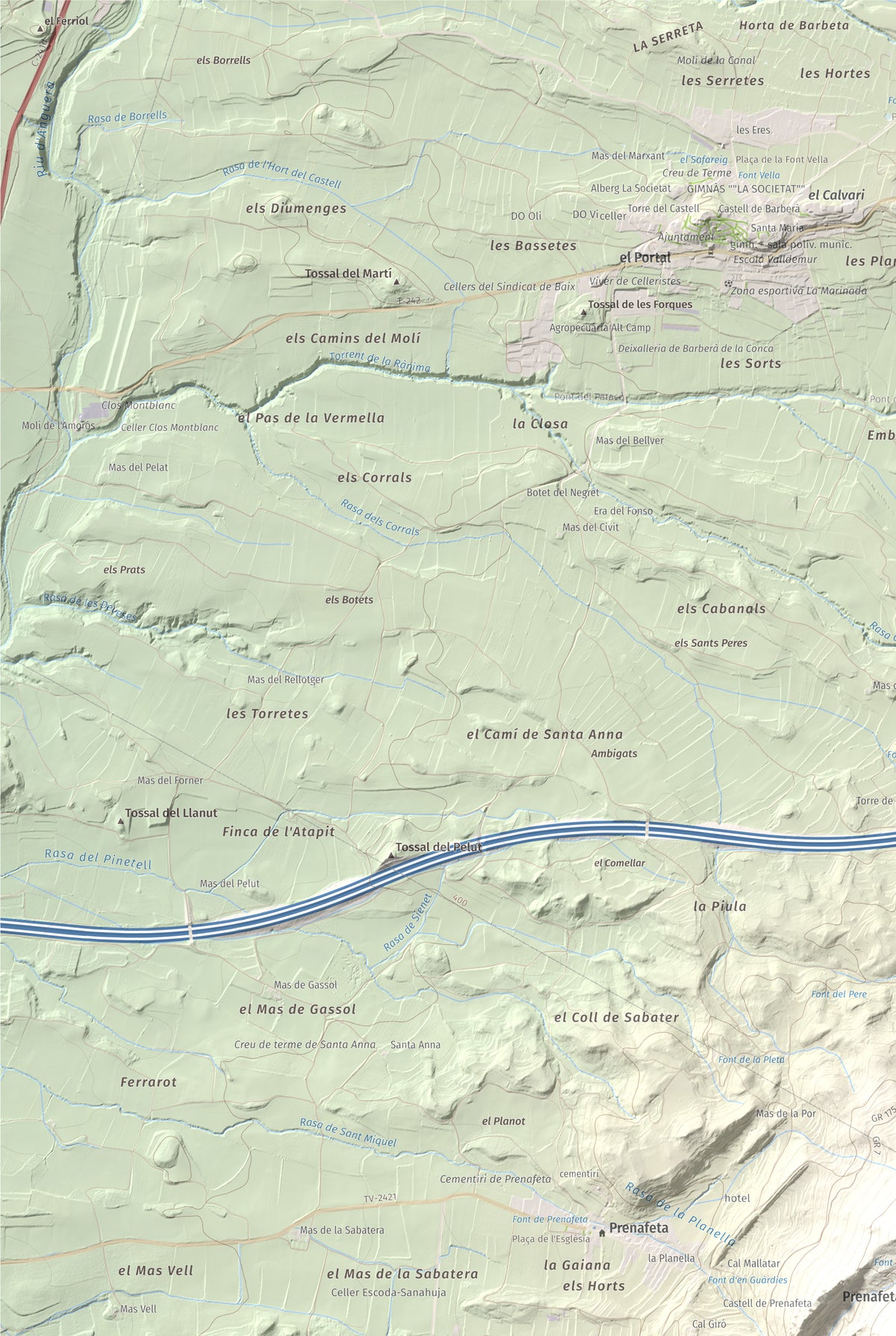 Mapa de relieve del Tossal Gros, 867 m, Alt Camp · Conca de Barberà, lámina 100 Cims de Trobart. Detalle de la zona superior izquierda. 61 × 91 cm.