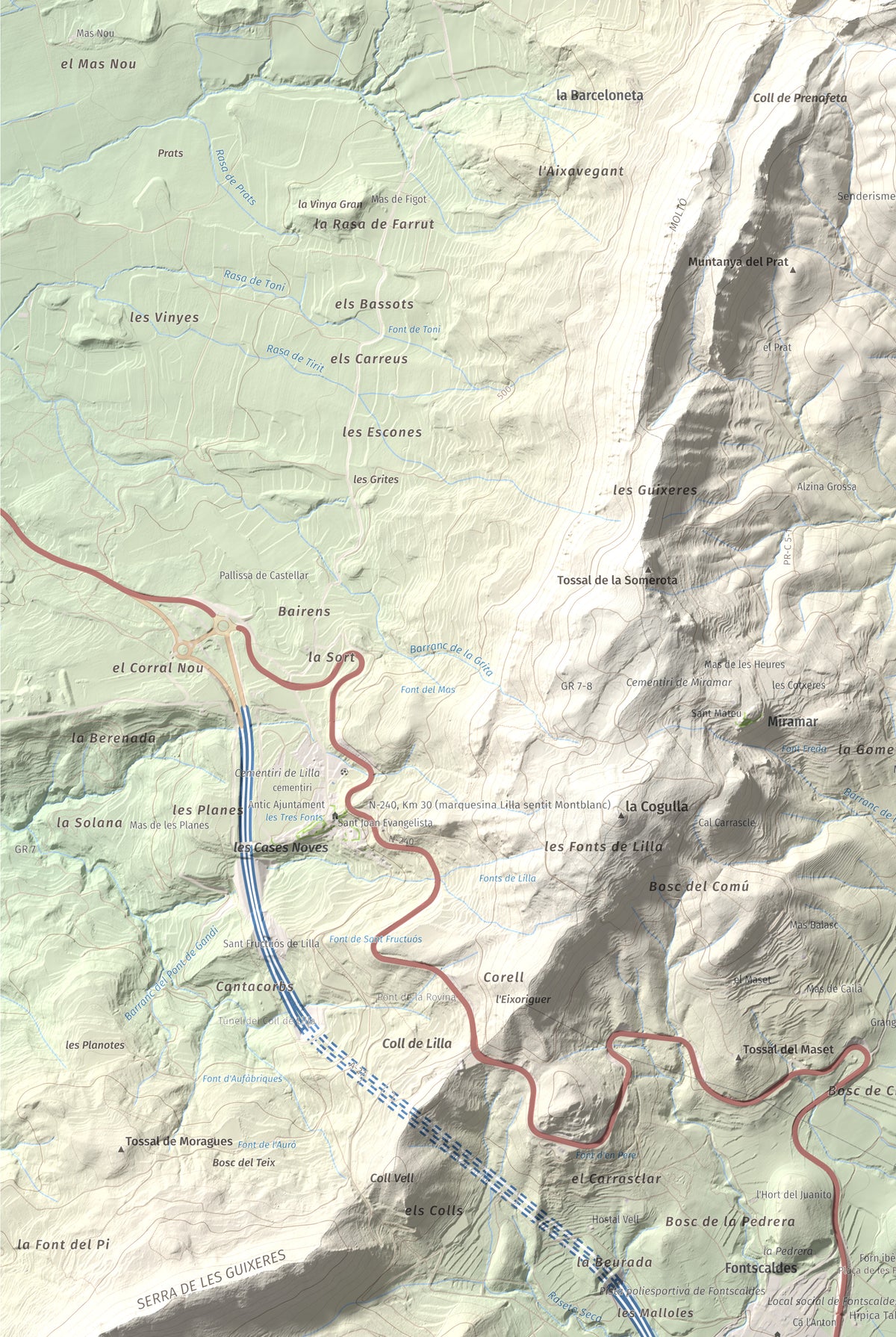 Mapa de relieve del Tossal Gros, 867 m, Alt Camp · Conca de Barberà, lámina 100 Cims de Trobart. Detalle de la zona inferior izquierda. 61 × 91 cm.