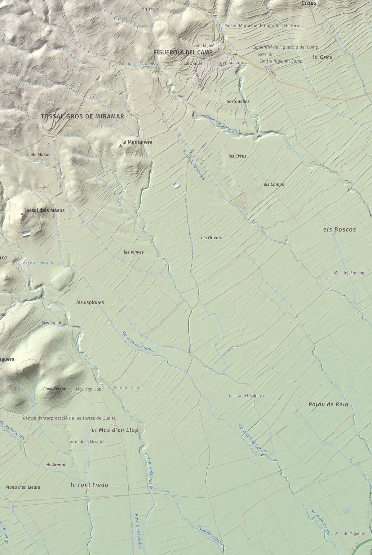 Mapa de relieve del Tossal Gros, 867 m, Alt Camp · Conca de Barberà, lámina 100 Cims de Trobart. Detalle de la zona inferior derecha. 61 × 91 cm.