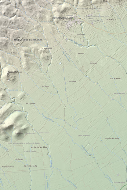 Mapa de relieve del Tossal Gros, 867 m, Alt Camp · Conca de Barberà, lámina 100 Cims de Trobart. Detalle de la zona inferior derecha. 61 × 91 cm.