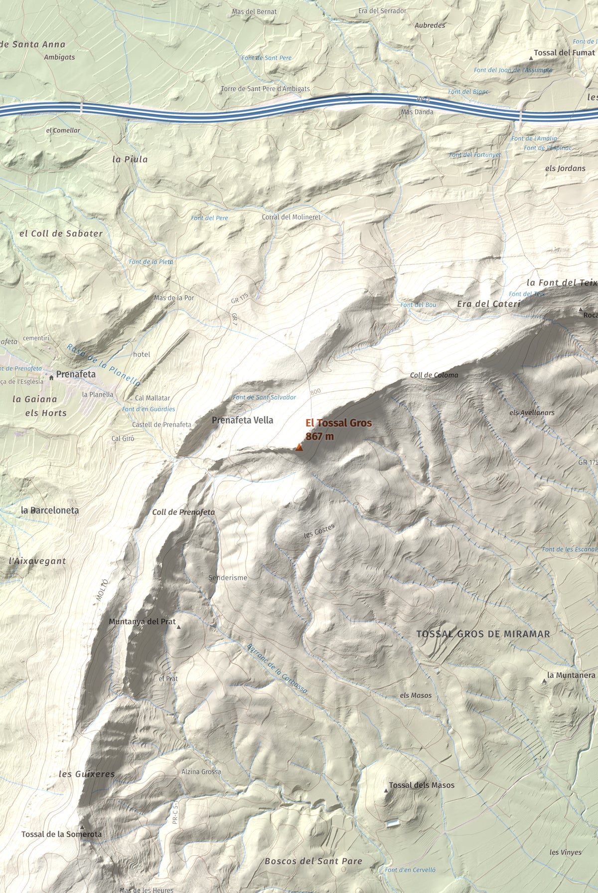 Mapa de relieve del Tossal Gros, 867 m, Alt Camp · Conca de Barberà, lámina 100 Cims de Trobart. Detalle de la zona central. 61 × 91 cm.