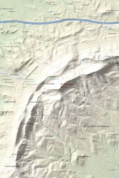 Mapa de relieve del Tossal Gros, 867 m, Alt Camp · Conca de Barberà, lámina 100 Cims de Trobart. Detalle de la zona central. 61 × 91 cm.