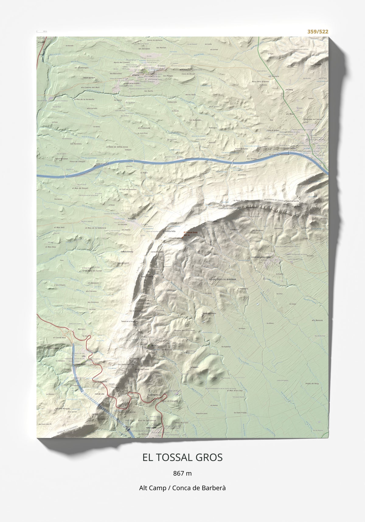 Mapa de relieve del Tossal Gros, 867 m, Alt Camp · Conca de Barberà, lámina 100 Cims de Trobart 70 × 100 cm.