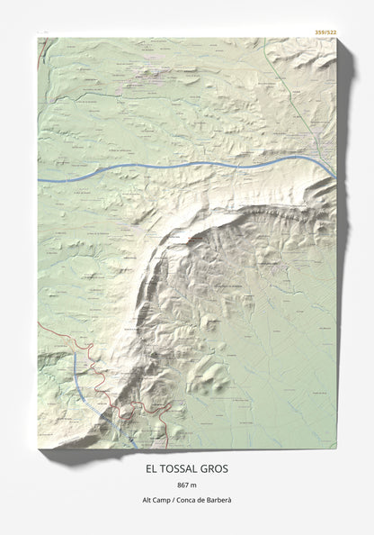 Mapa de relieve del Tossal Gros, 867 m, Alt Camp · Conca de Barberà, lámina 100 Cims de Trobart 70 × 100 cm.