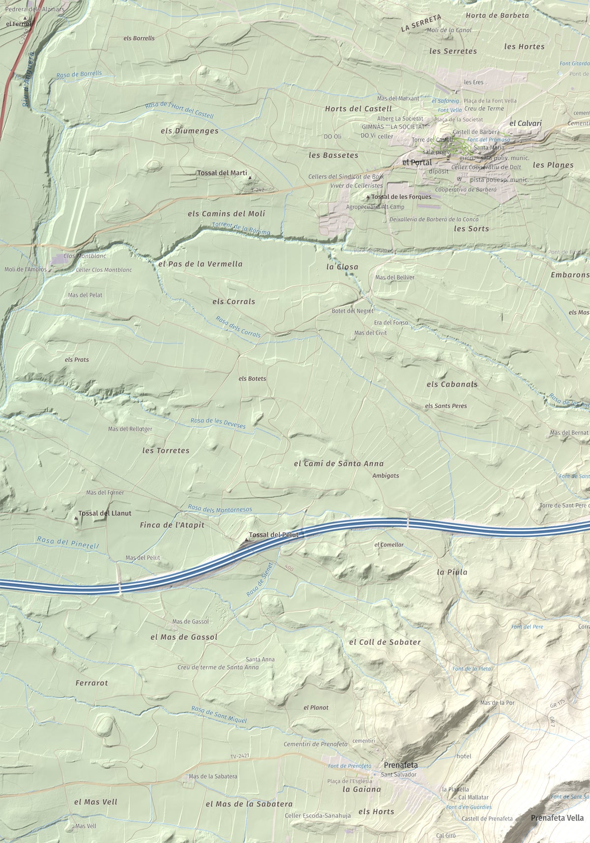 Mapa de relieve del Tossal Gros, 867 m, Alt Camp · Conca de Barberà, lámina 100 Cims de Trobart. Detalle de la zona superior izquierda. 70 × 100 cm.