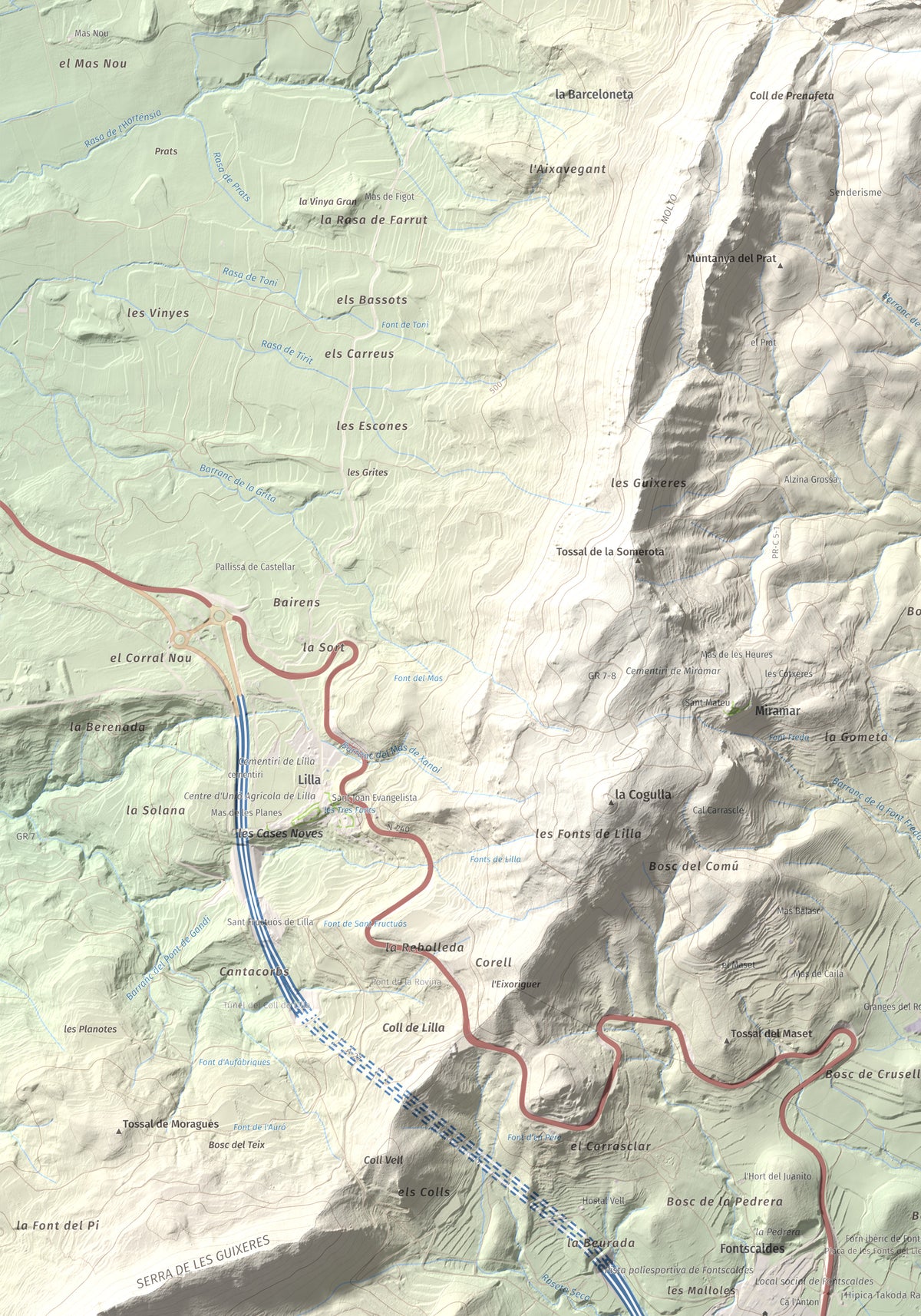 Mapa de relieve del Tossal Gros, 867 m, Alt Camp · Conca de Barberà, lámina 100 Cims de Trobart. Detalle de la zona inferior izquierda. 70 × 100 cm.