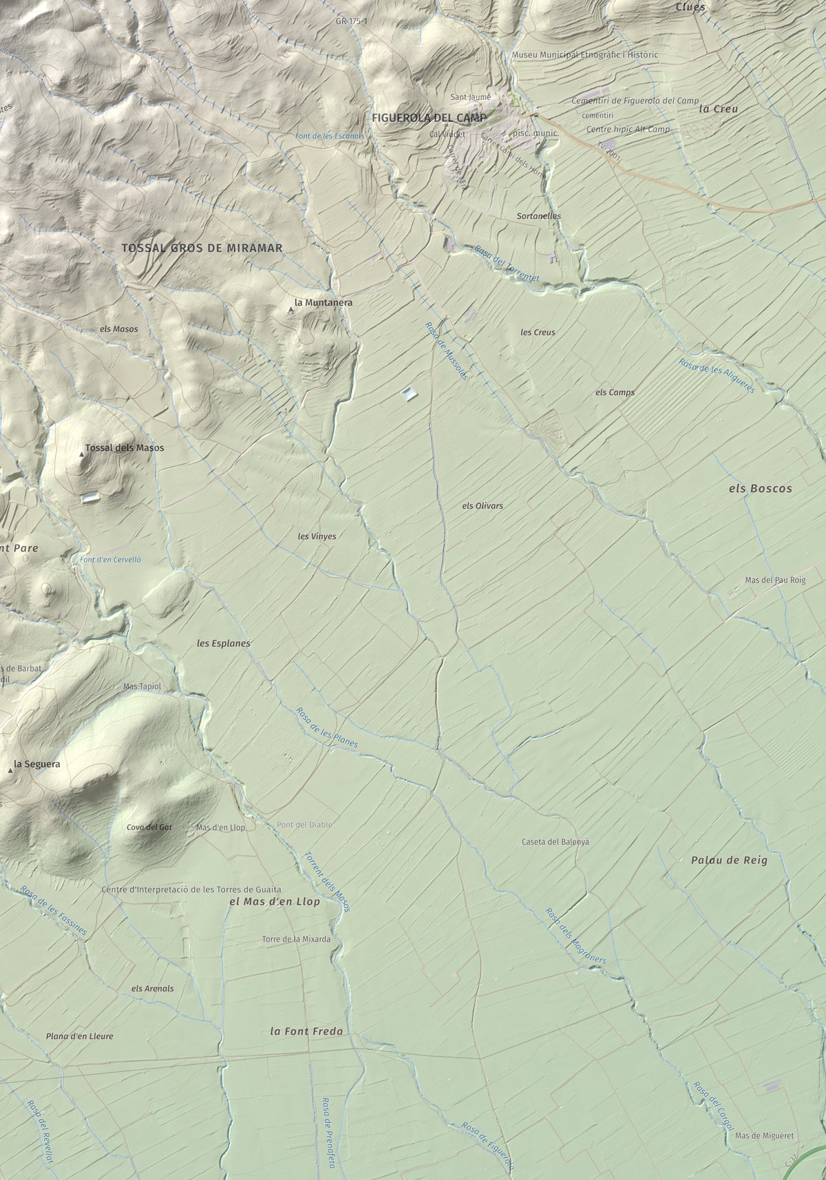 Mapa de relieve del Tossal Gros, 867 m, Alt Camp · Conca de Barberà, lámina 100 Cims de Trobart. Detalle de la zona inferior derecha. 70 × 100 cm.