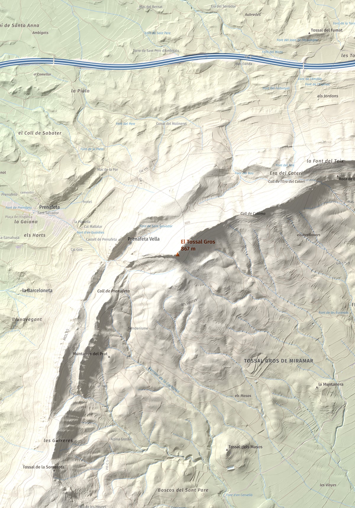 Mapa de relieve del Tossal Gros, 867 m, Alt Camp · Conca de Barberà, lámina 100 Cims de Trobart. Detalle de la zona central. 70 × 100 cm.