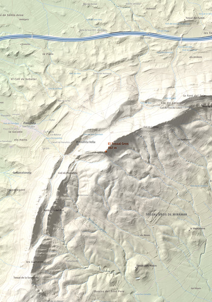 Mapa de relieve del Tossal Gros, 867 m, Alt Camp · Conca de Barberà, lámina 100 Cims de Trobart. Detalle de la zona central. 70 × 100 cm.
