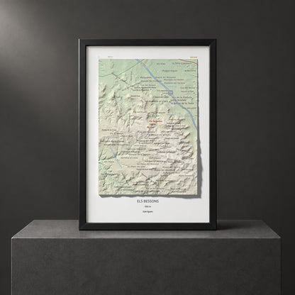 Mapa de relieve de Els Bessons, 593 m, Garrigues, lámina 100 Cims de Trobart. Presentación enmarcada. 21 × 30 cm.