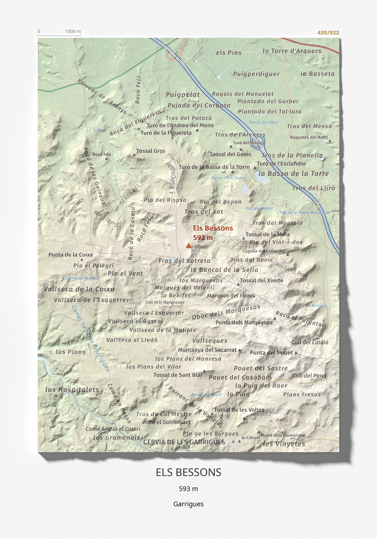 Mapa de relieve de Els Bessons, 593 m, Garrigues, lámina 100 Cims de Trobart 21 × 30 cm.