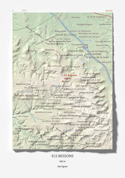 Mapa de relieve de Els Bessons, 593 m, Garrigues, lámina 100 Cims de Trobart 21 × 30 cm.