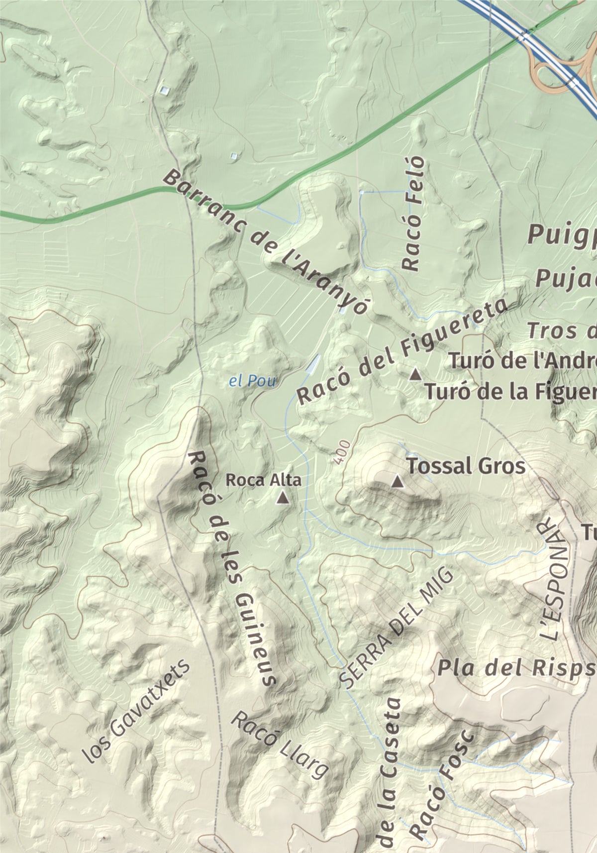 Mapa de relieve de Els Bessons, 593 m, Garrigues, lámina 100 Cims de Trobart. Detalle de la zona superior izquierda. 21 × 30 cm.