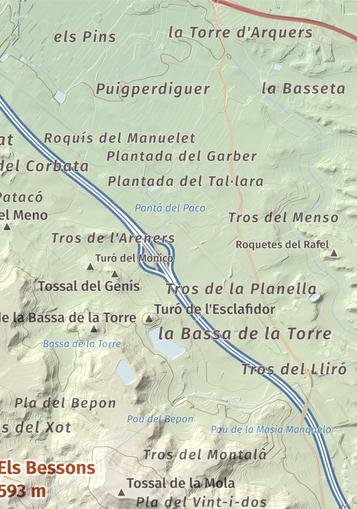 Mapa de relieve de Els Bessons, 593 m, Garrigues, lámina 100 Cims de Trobart. Detalle de la zona superior derecha. 21 × 30 cm.