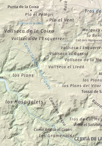 Mapa de relieve de Els Bessons, 593 m, Garrigues, lámina 100 Cims de Trobart. Detalle de la zona inferior izquierda. 21 × 30 cm.