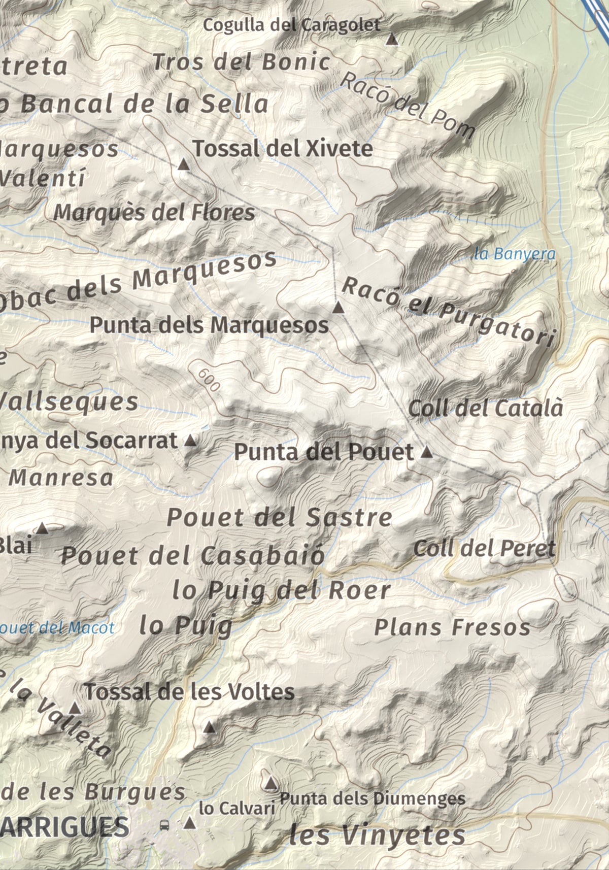 Mapa de relieve de Els Bessons, 593 m, Garrigues, lámina 100 Cims de Trobart. Detalle de la zona inferior derecha. 21 × 30 cm.