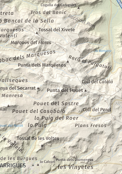 Mapa de relieve de Els Bessons, 593 m, Garrigues, lámina 100 Cims de Trobart. Detalle de la zona inferior derecha. 21 × 30 cm.